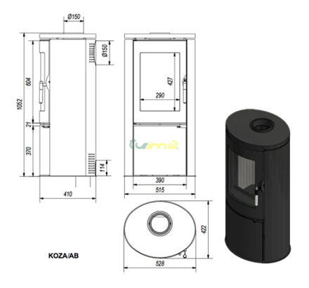Kratki Koza AB 8kw teplovzdušné oceľovoliatinové krbové kachle koza AB rozmery